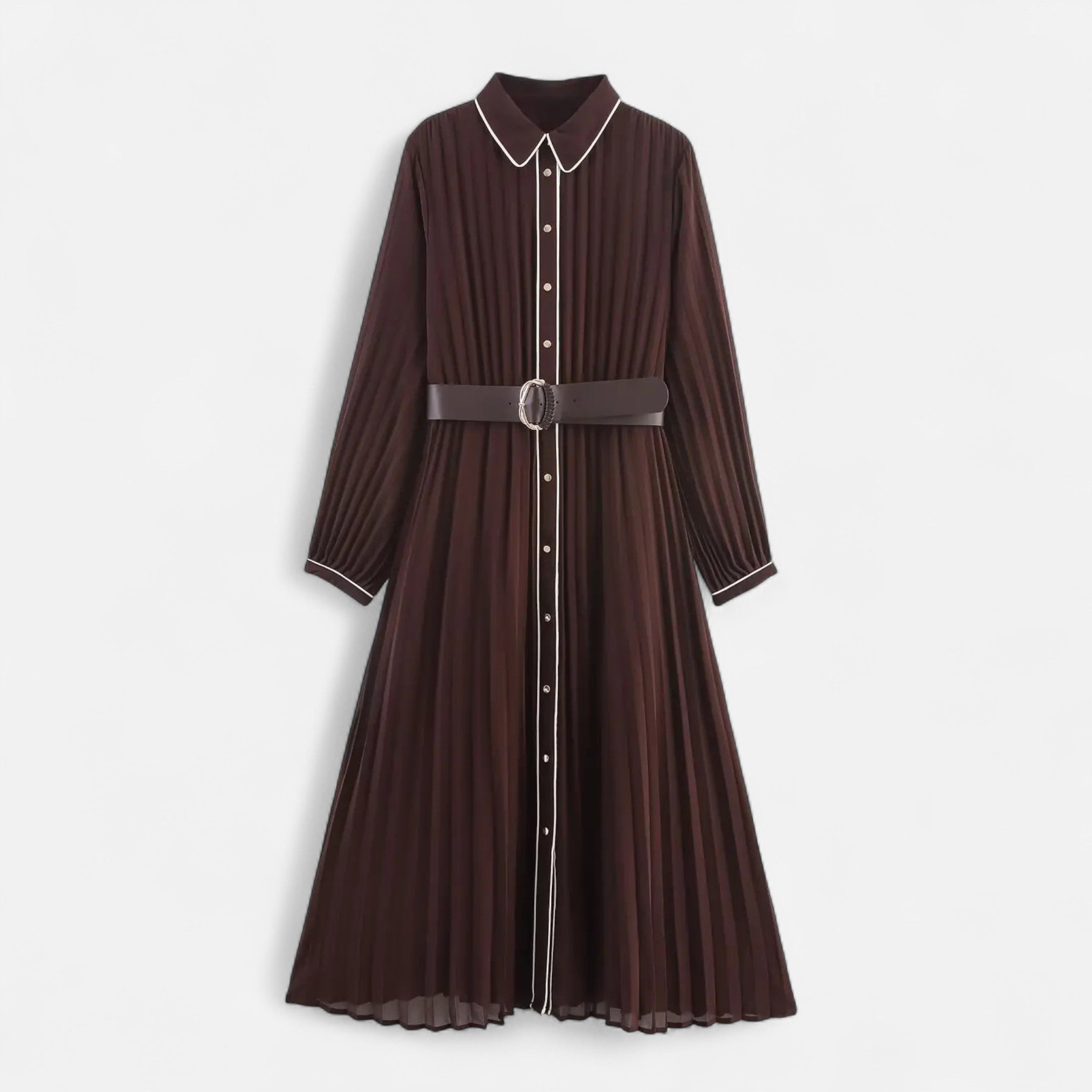 Women’s Chiffon Season Belted Turn-Down Long Midi Dress