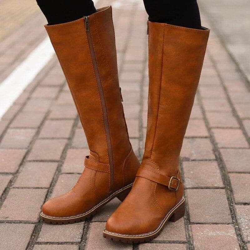 Women's Fashion Outdoor Knee-High Boots with Decorative Buckle Detail and Side Zipper