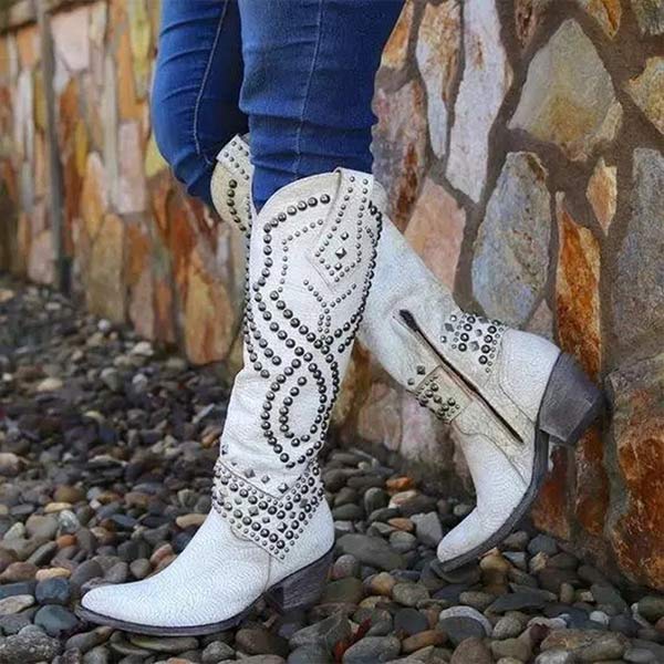 Women’s Chunky Heel Cowboy Boots Studded Western Look
