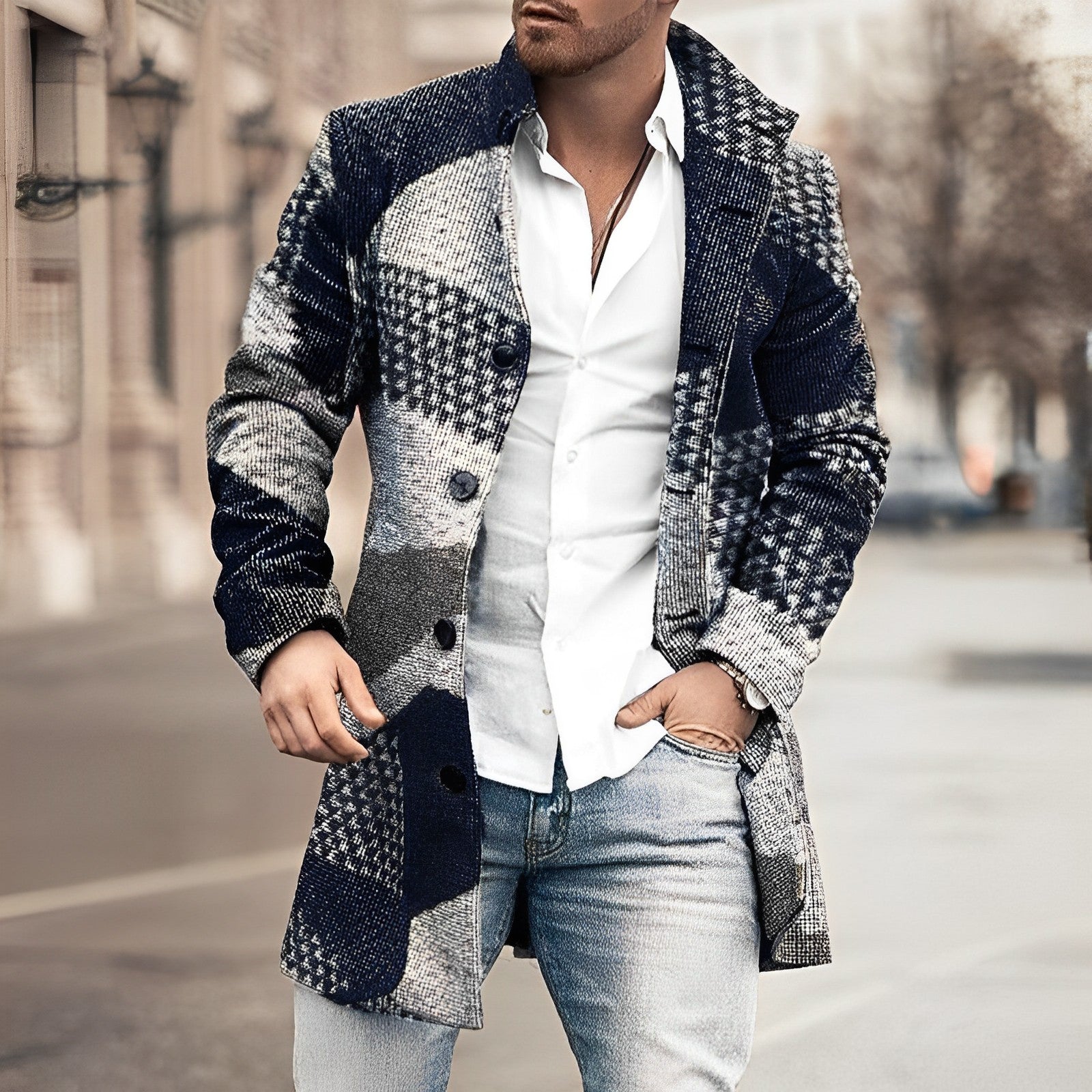 Men’s Longline Button-Up Coat Smart Timeless Style
