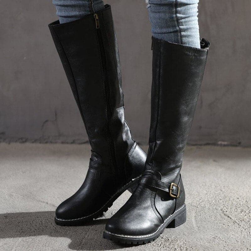 Women's Fashion Outdoor Knee-High Boots with Decorative Buckle Detail and Side Zipper