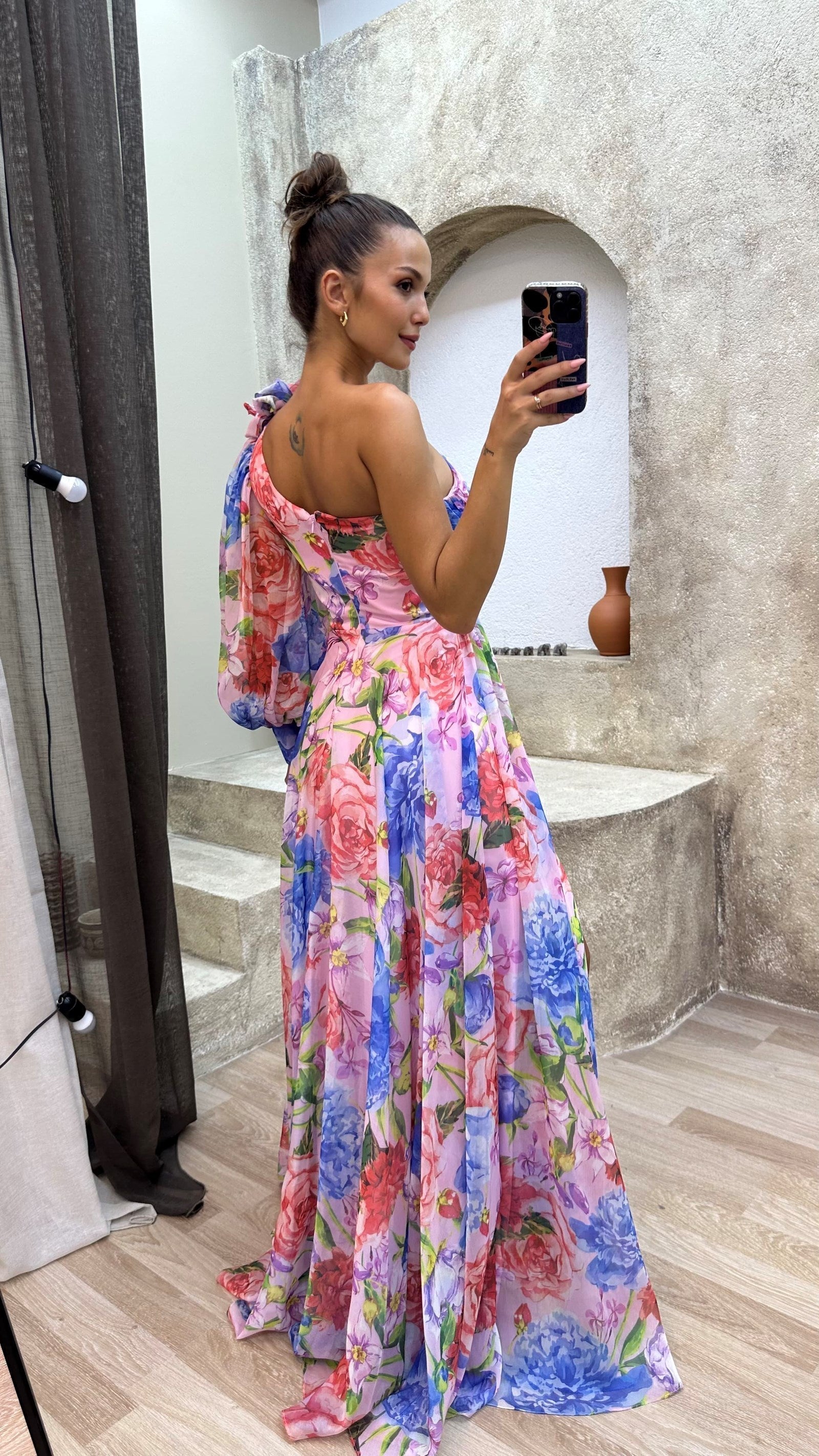 Women's Elegant Floral Multicolor Flowy Summer Dress with One-Shoulder Neckline