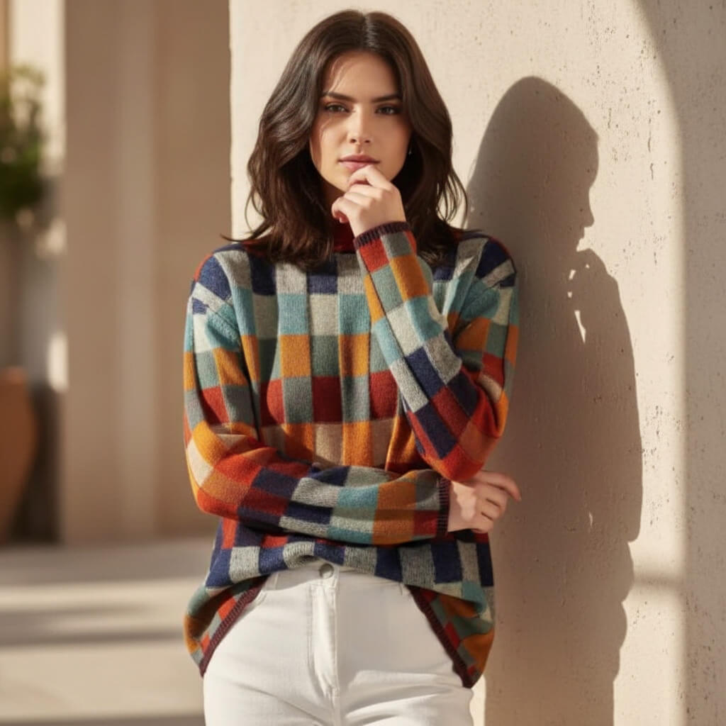 Calveria | Women’s Merino Wool Checkered Sweater