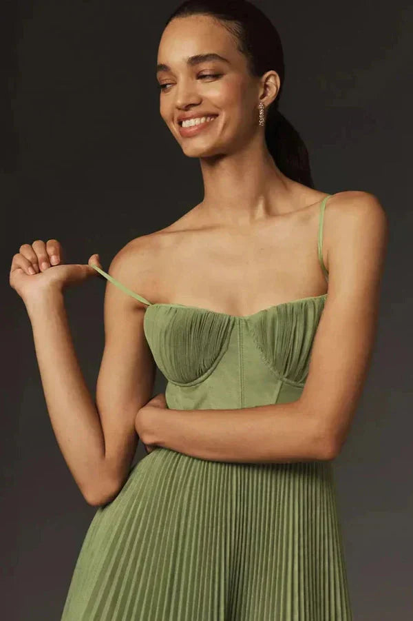 Women's Striking Elegant Flowing Pleated Fit and Flare Midi Dress