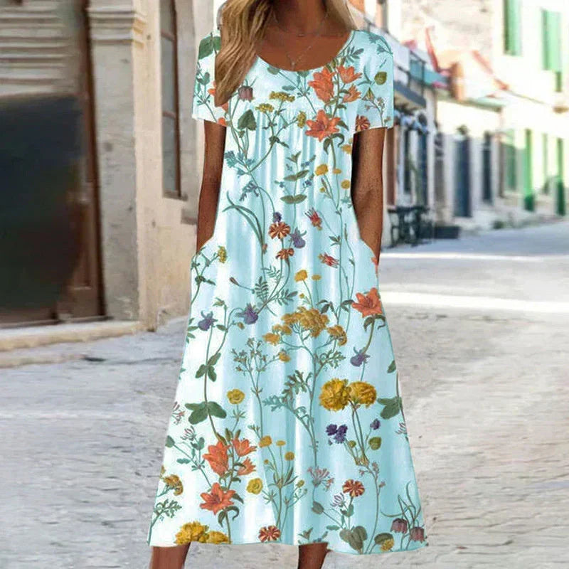 Women's Elegant Flowing Bloom Midi Dress with V-Neckline