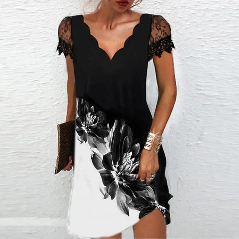 Women's Stylish Evening Dress with Scalloped Neckline and Lace Sleeves