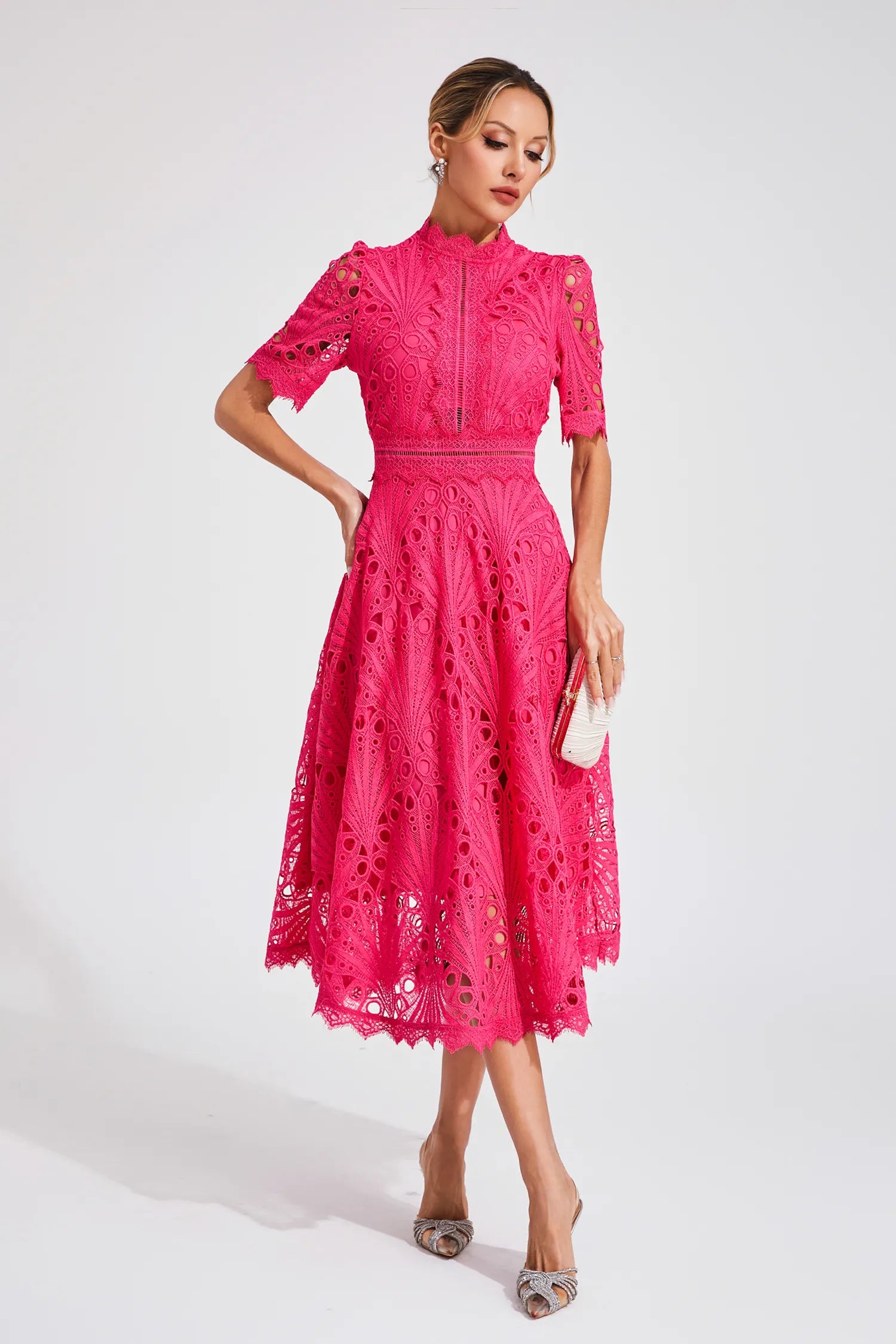 Exquisite Airy Lace Wedding Party Midi Dress for Women