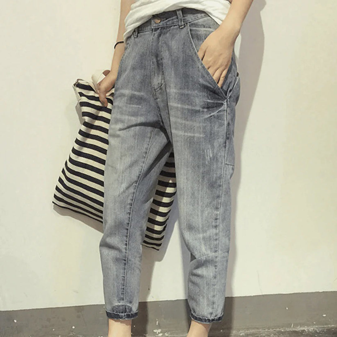 Women's Mid-Rise Loose Pocket Cropped Baggy Jeans