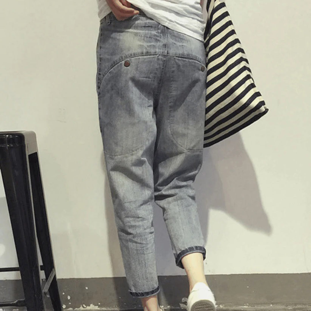 Women's Mid-Rise Loose Pocket Cropped Baggy Jeans