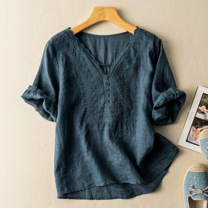 Luciana | Women’s Embroidered Cotton-Linen Blouse