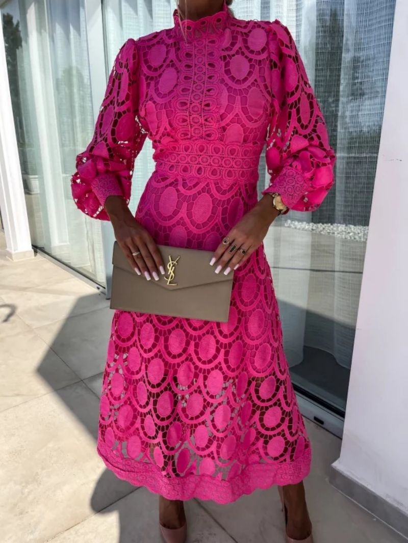 Women's Celestial Puffed Sleeves Lace Midi Dress