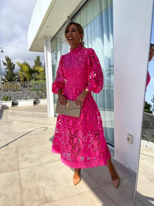 Women's Celestial Puffed Sleeves Lace Midi Dress