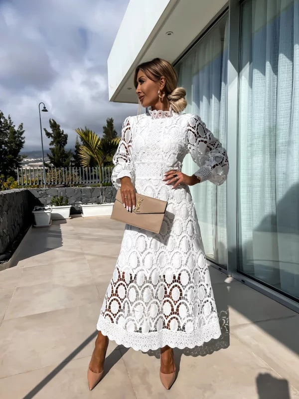 Women's Celestial Puffed Sleeves Lace Midi Dress