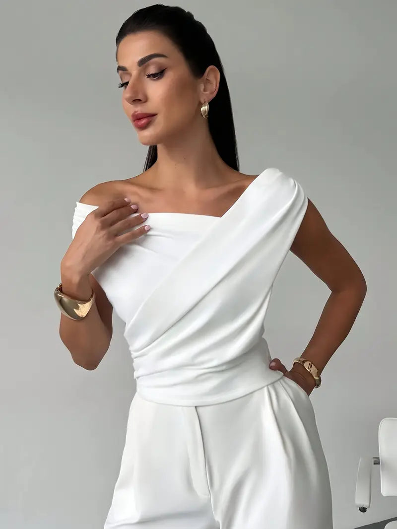 Women's Elegant Draped Shoulder Top with Round-Neckline