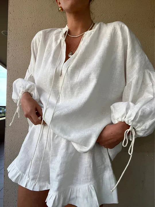 Women's Ruffle Two-Piece Lounge Set with Adjustable Tie Sleeves