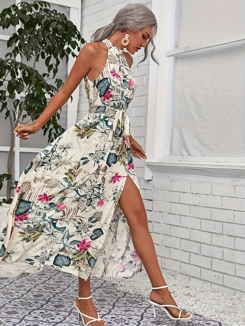 Women's Slit Halter Neckline Tie-Waist Party Evening Dress with Soft Draping and Floral Charm