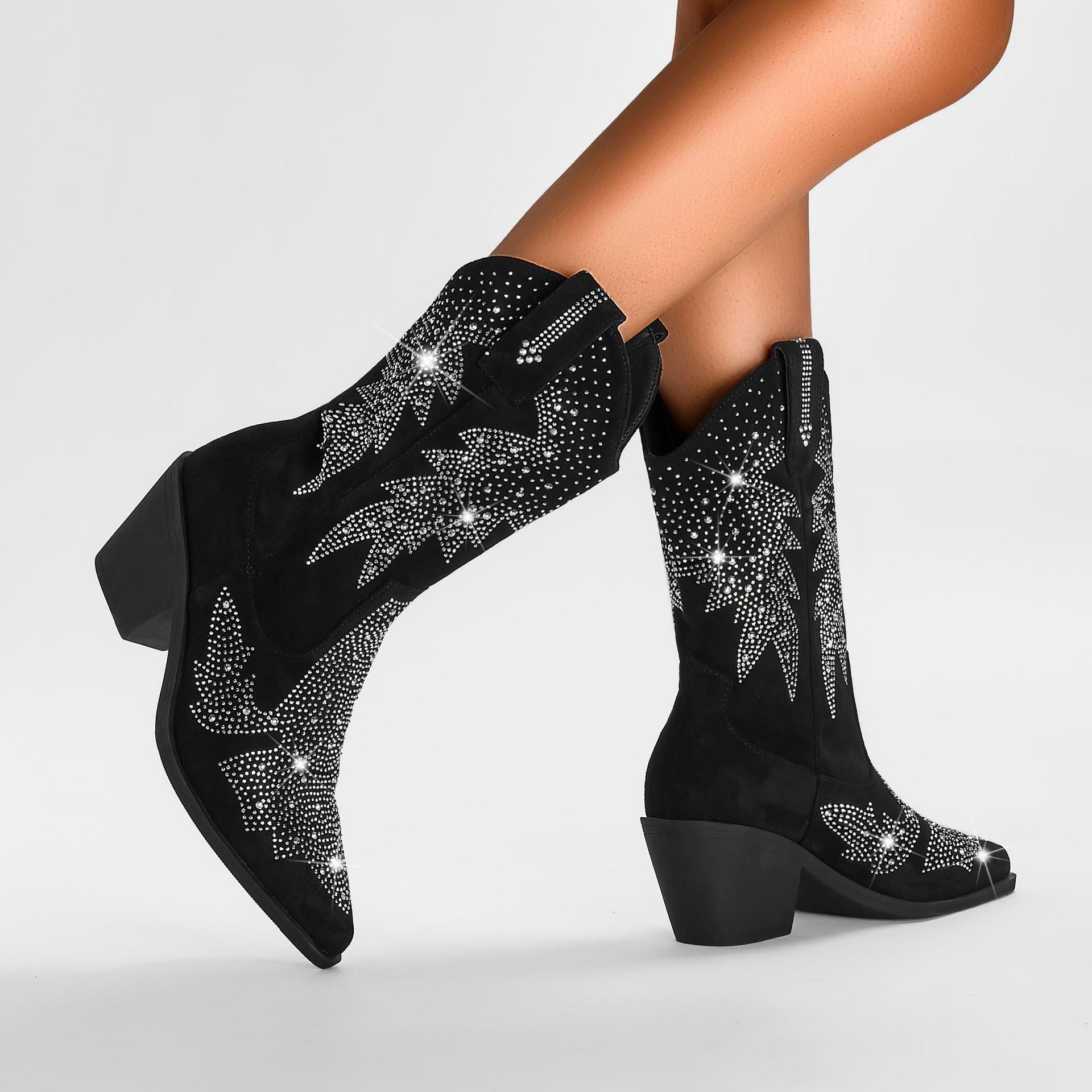 Women's Classic Trendy Rhinestone Mid Calf Cowboy Boots