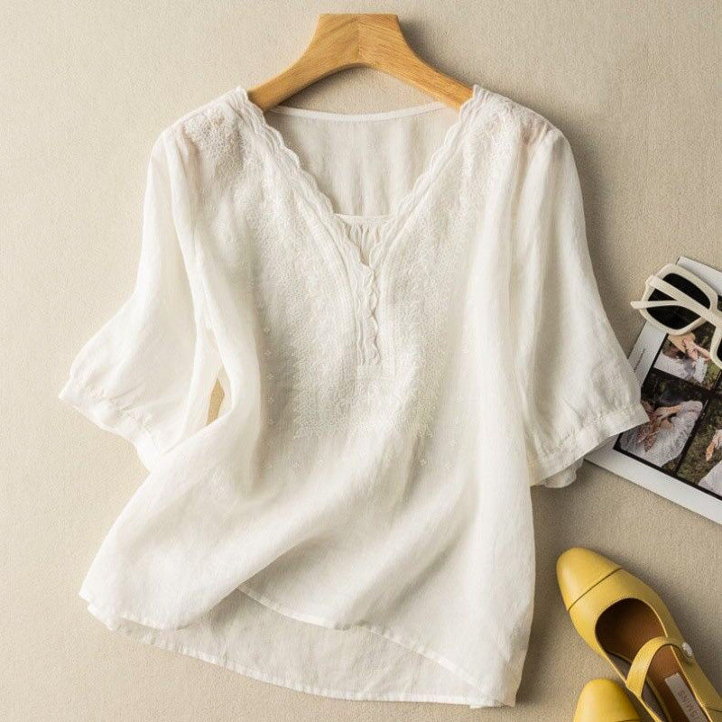 Luciana | Women’s Embroidered Cotton-Linen Blouse
