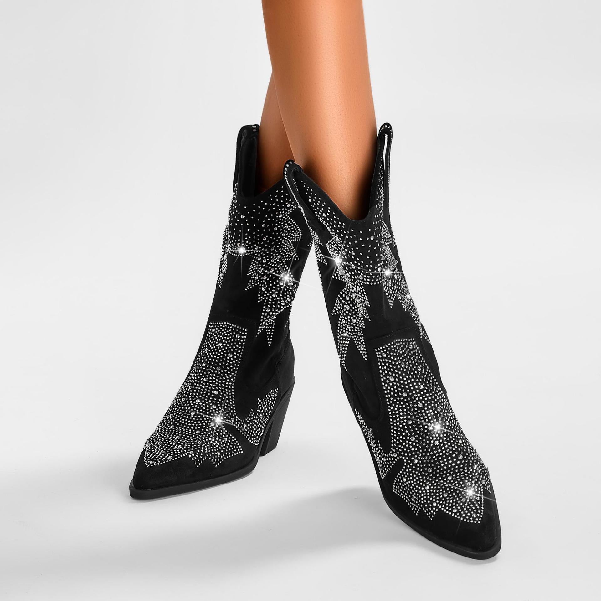 Women's Classic Trendy Rhinestone Mid Calf Cowboy Boots