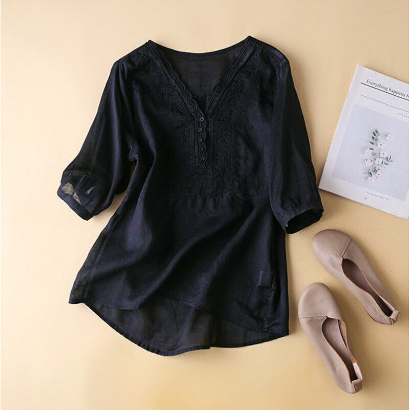 Luciana | Women’s Embroidered Cotton-Linen Blouse
