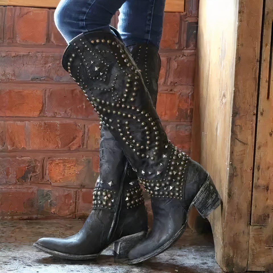 Women's Outdoor Easy Wear Edgy Knee High Boots with Thick Heel and Side Zipper