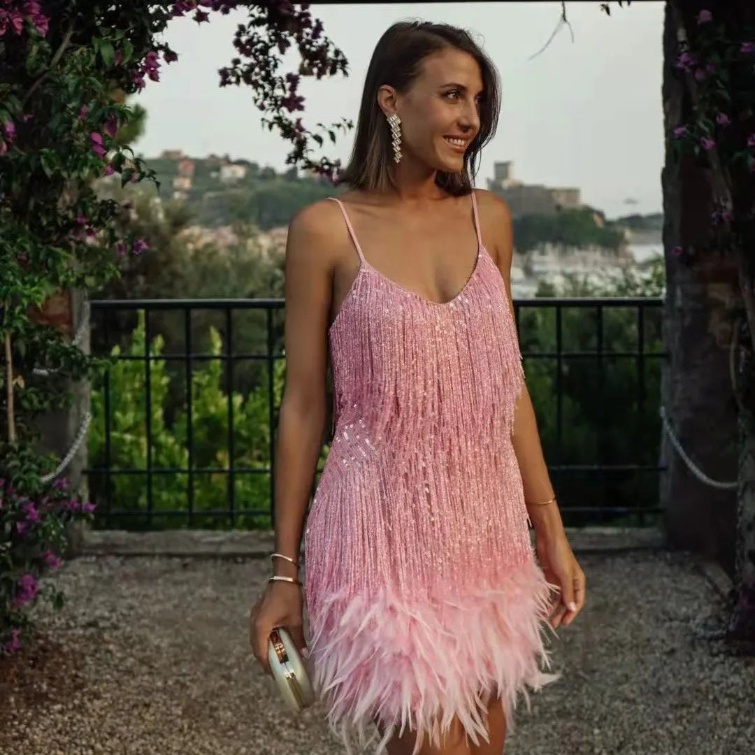 Women’s Celebration Elegance Party Cocktail Dress with Fringe Feathers