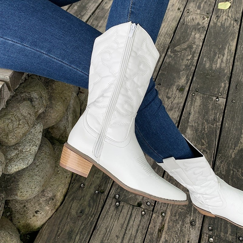 Women's Modern Embroidered Mid-Calf Cowboy Boots with Practical Side Zipper