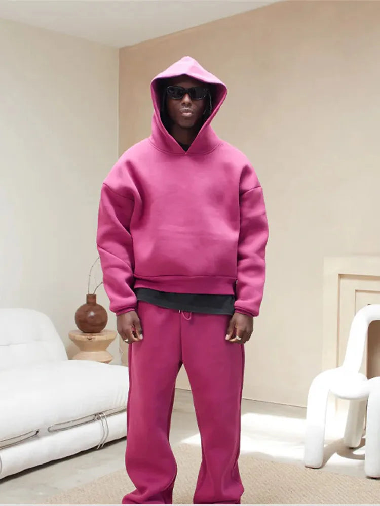 Men's Trendy Oversized Sporty Warm Tracksuit - Hoodie and Drawstring Trouser