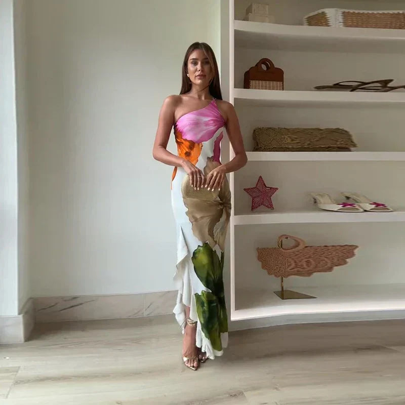 Women's Fashion Flowing One-Shoulder Maxi Dress with Striking Floral Pattern