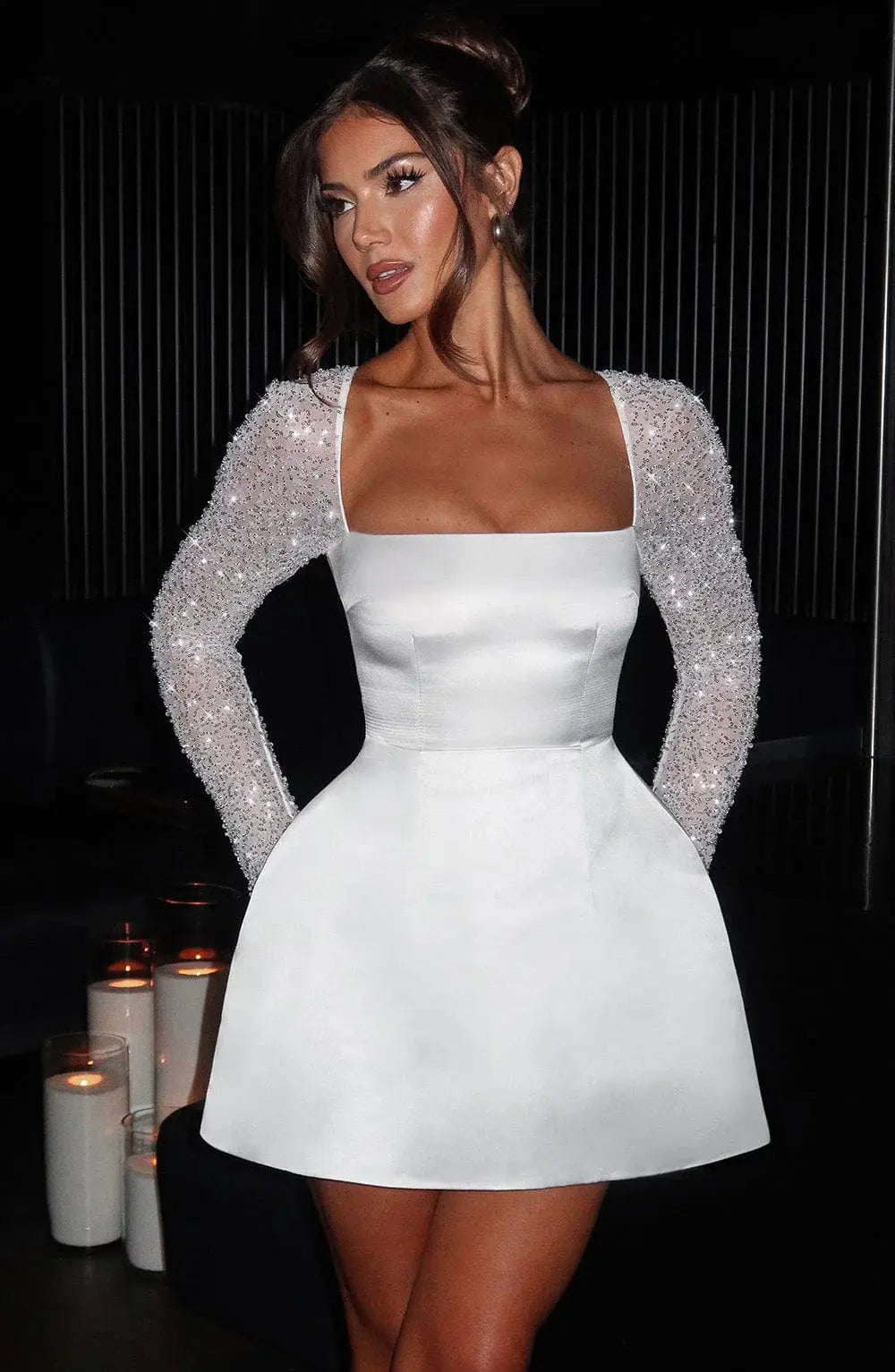 Pearly | Women’s Satin Mini Dress with Sheer Embellished Sleeves