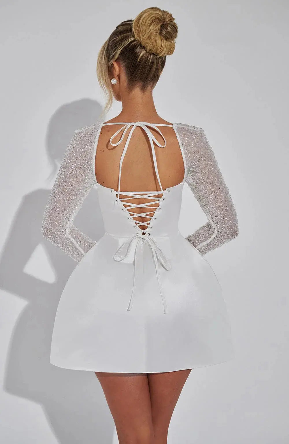 Pearly | Women’s Satin Mini Dress with Sheer Embellished Sleeves