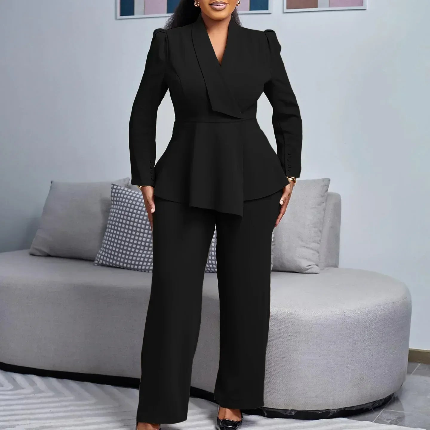 Women’s Formal Suit Set Tailored Long Blazer & Wide-Leg Trousers
