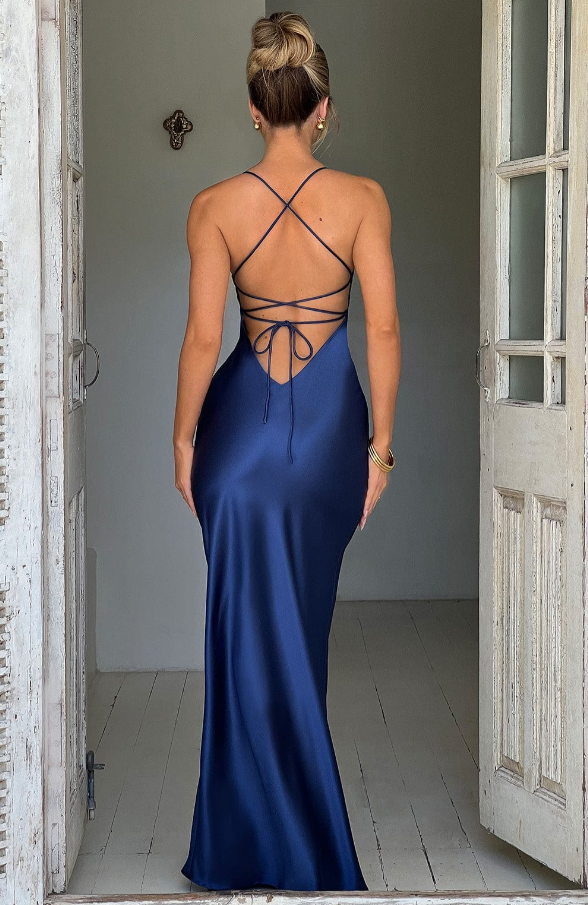 Women's Fashion Sleek Slit Maxi Dress with Thigh-High Slit with Delicate Spaghetti Straps