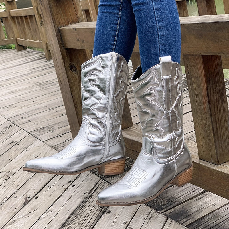 Women's Modern Embroidered Mid-Calf Cowboy Boots with Practical Side Zipper