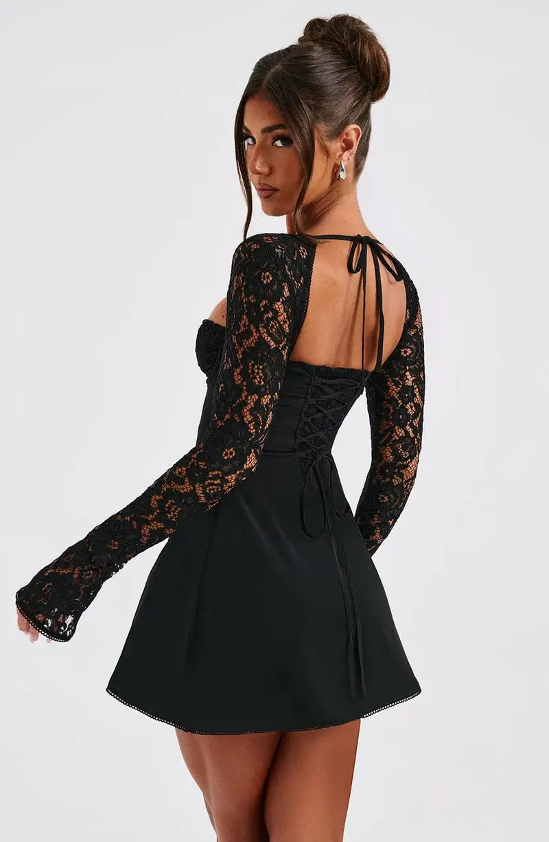 Women's Fashion Bodycon Mini Dress with Square Neck and Lace Sleeves