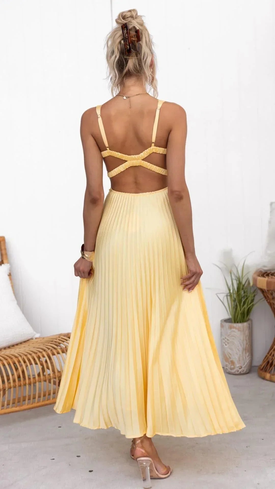 Women's Flowing Yellow Pleated V-Neck Maxi Dress with Adjustable Crossover Back Straps