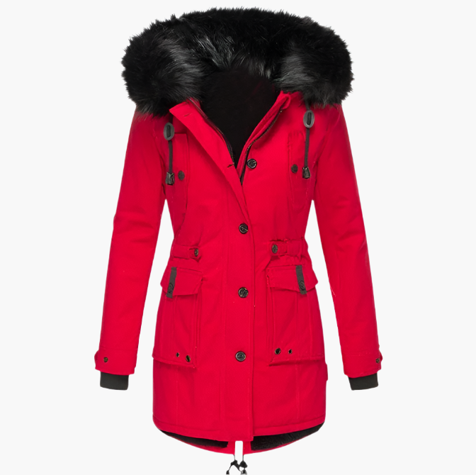 Women’s Warm Hooded Coat Fitted Winter Button Zip Jacket