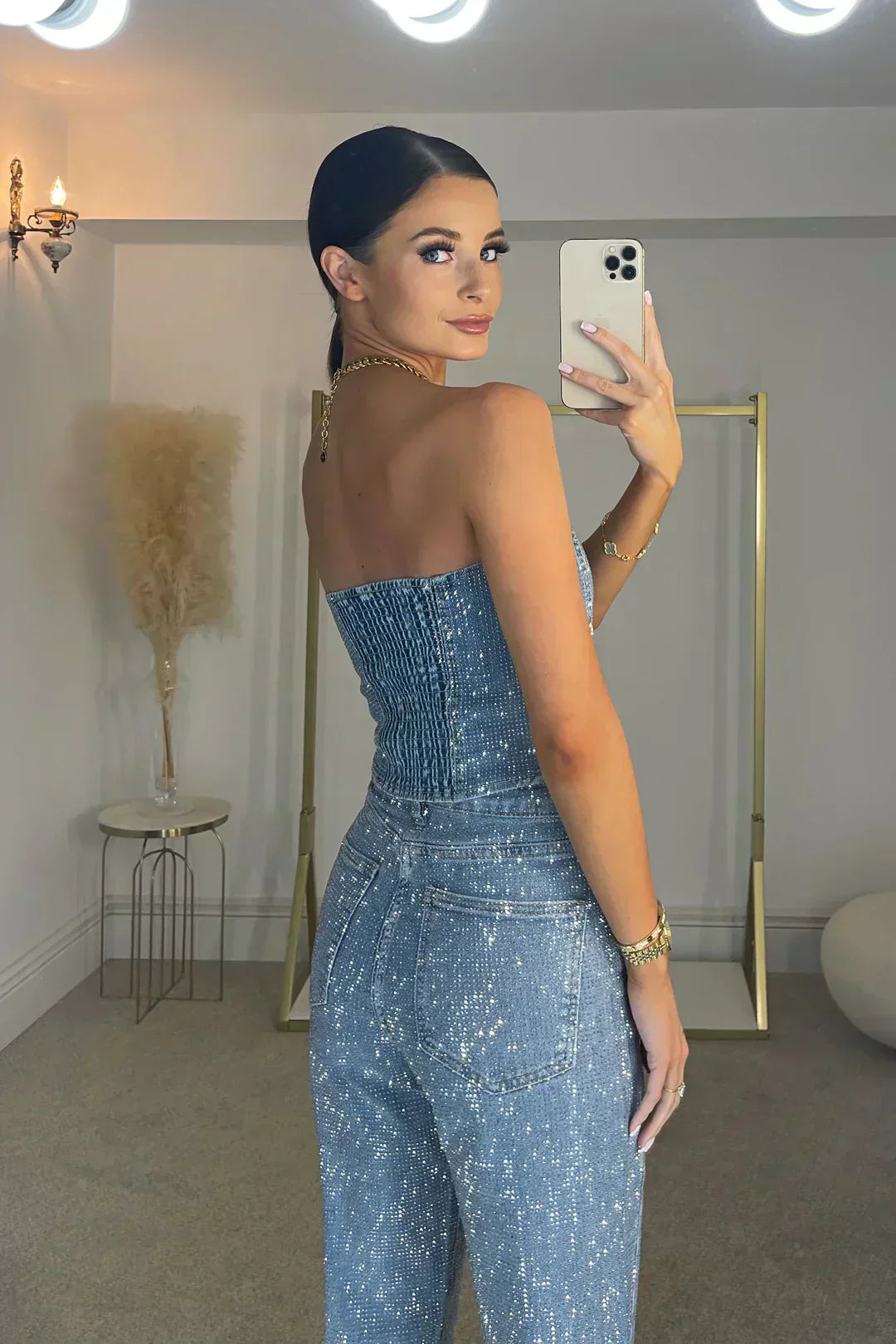 Women's Strapless Glitter Set - Elegant Top and High-Waist Trouser