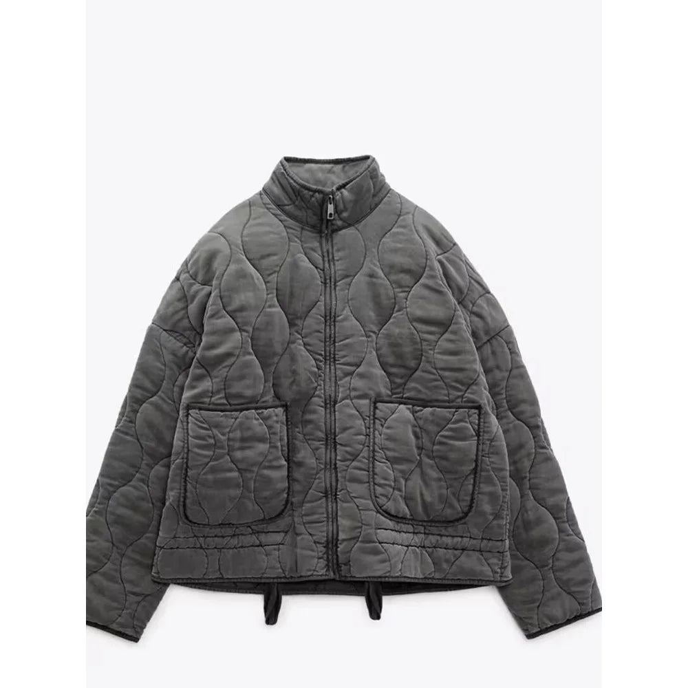 Women’s Quilted Puffer Jacket Wave Stitching with Drawstring Hem
