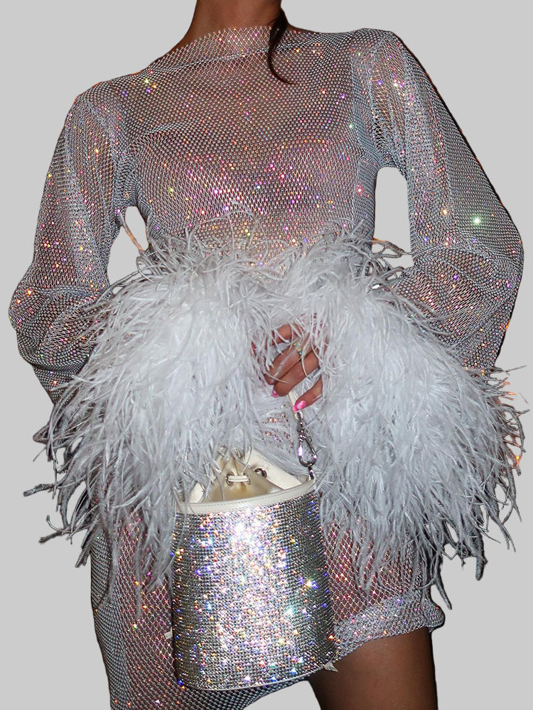 Women’s Visible Sparkly Party Evening Mini Dress with Feather Cuffs