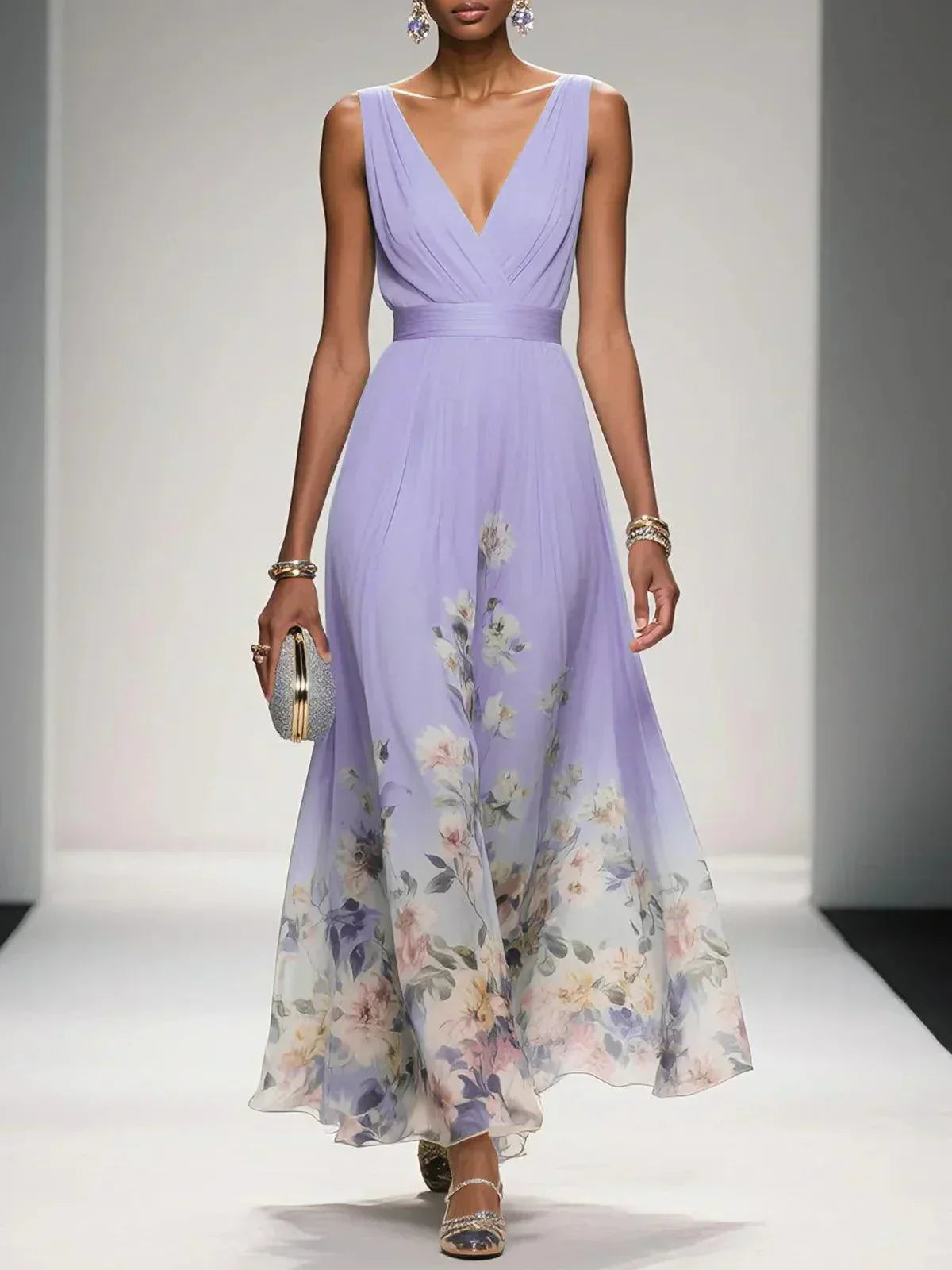 Women Elegant Celebration Floral Print Wedding Guest Dress