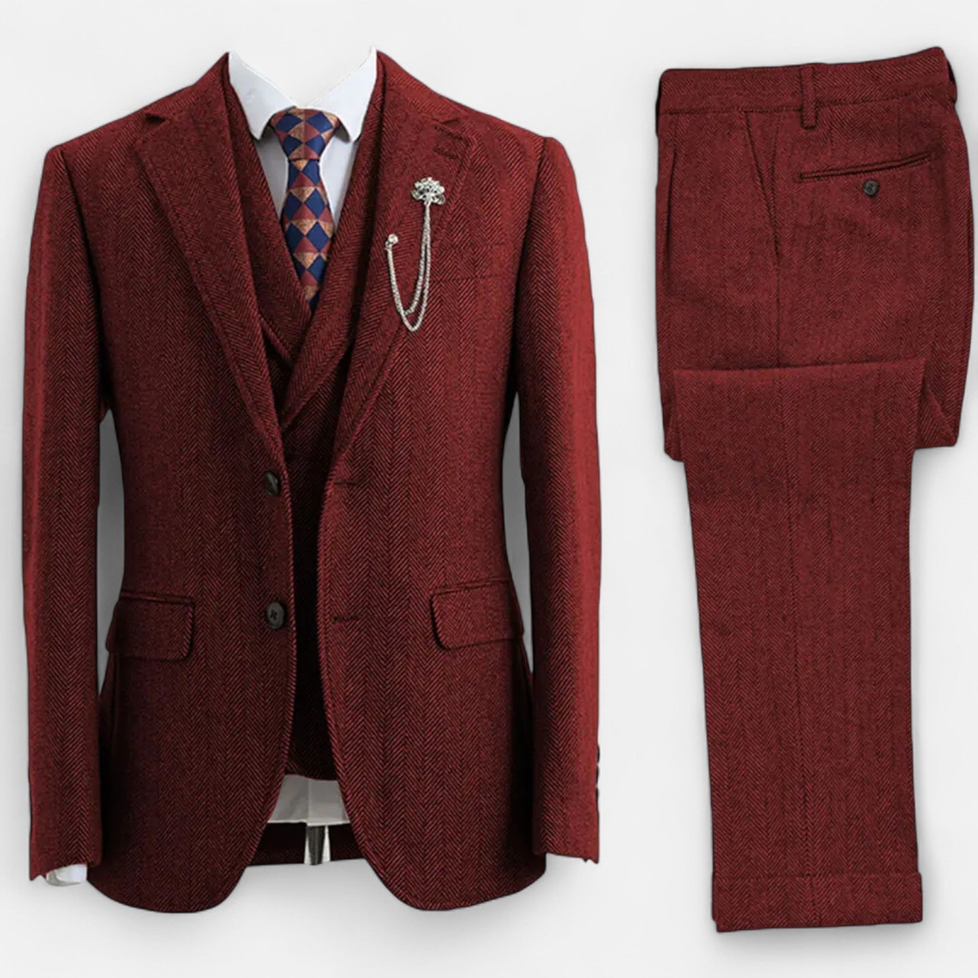 Men’s Tweed Herringbone Formal Business Suit - Complete 3-Pieces Set