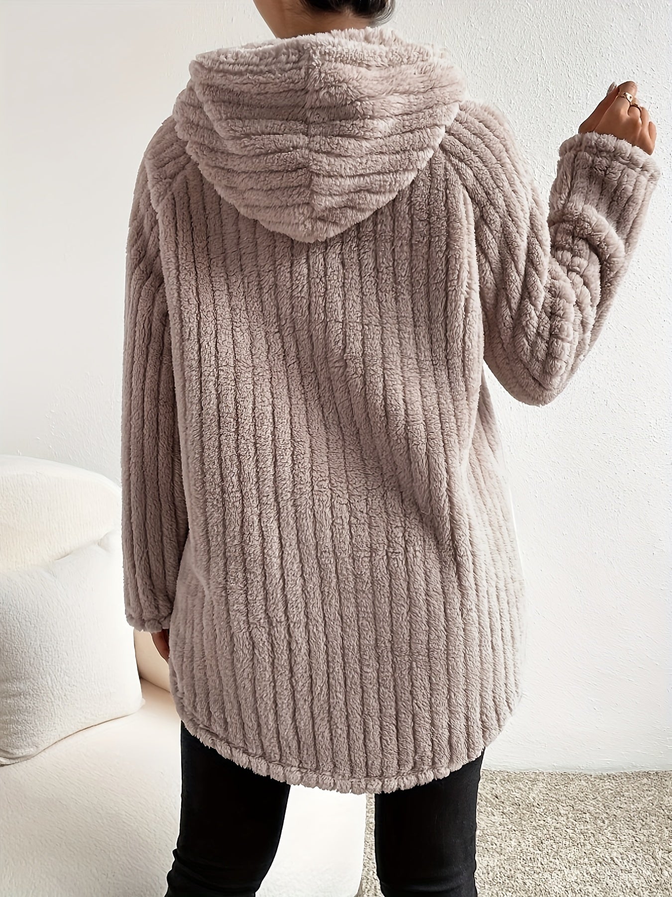 Women's Modern Soft Teddy Style Hoodie – with Long Sleeves and Curved Hem