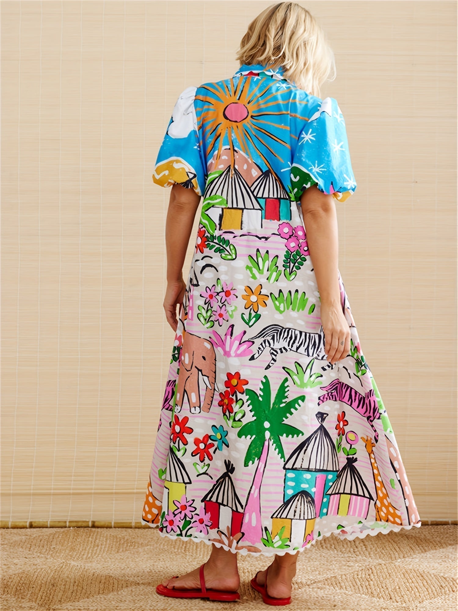 Women's Chic Transitional Midi Summer Dress with Tropical-inspired Prints