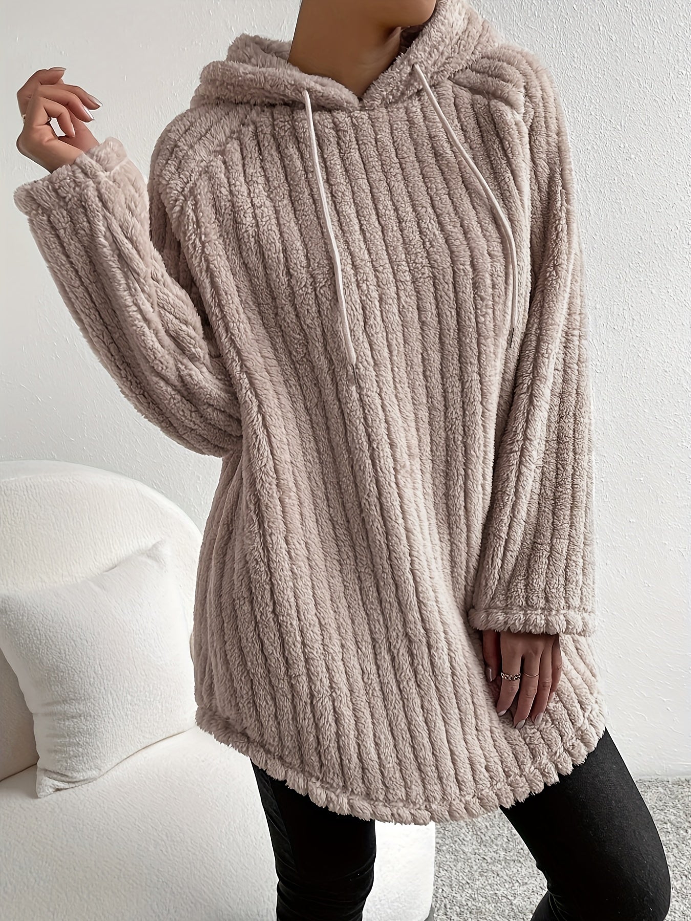 Women's Modern Soft Teddy Style Hoodie – with Long Sleeves and Curved Hem
