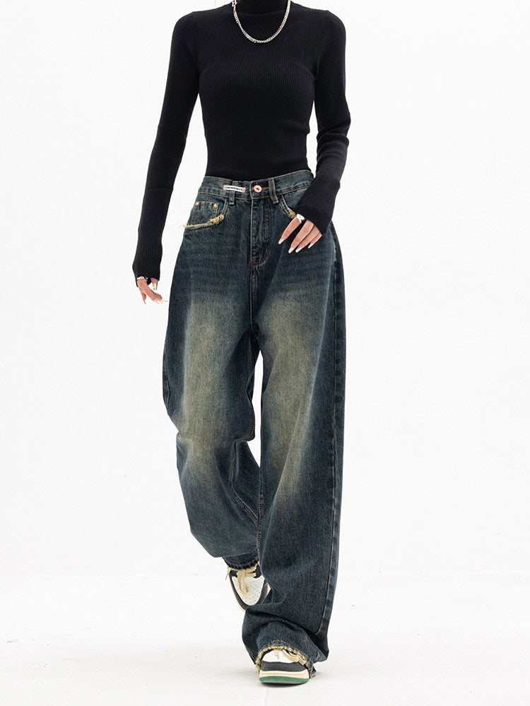 Fashion Streetwear Blue Grey Baggy Jeans for Women
