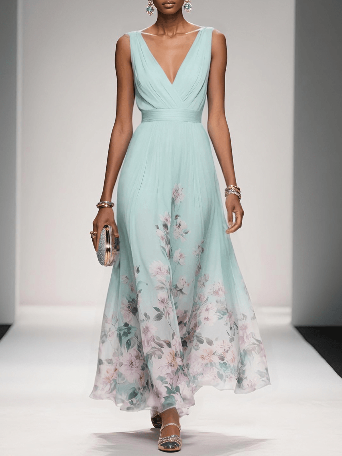 Women Elegant Celebration Floral Print Wedding Guest Dress