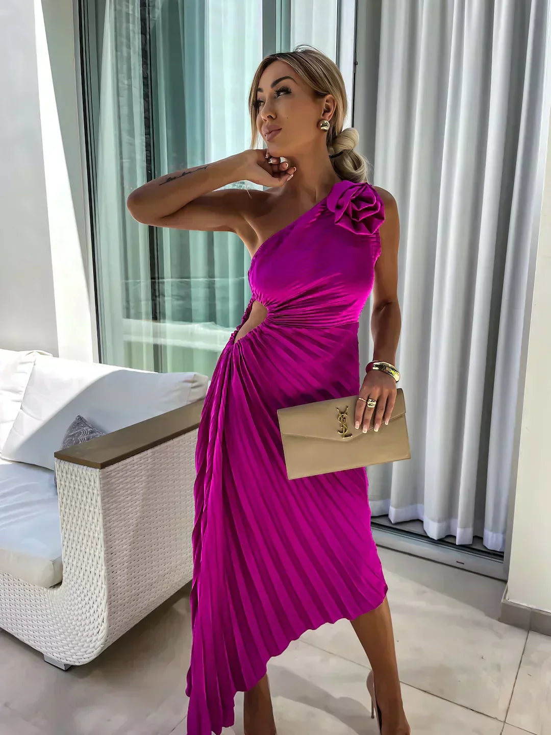 Women's Chic One-shoulder Asymmetric Pleated Evening Dress
