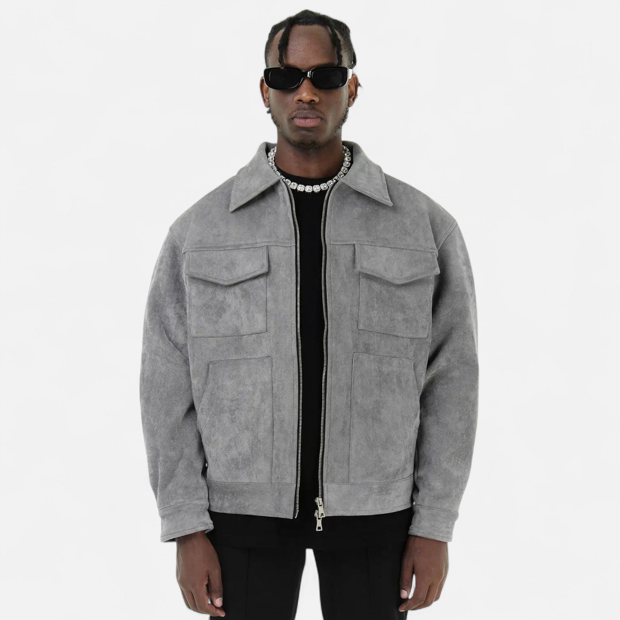 Refined Street-Inspired Collar Loose-Fit Suede Jacket for Men