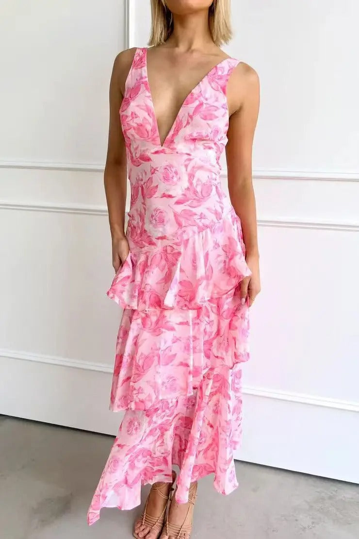 Women's Elegant Seasonal Maxi Summer Dress with Deep V-Neckline